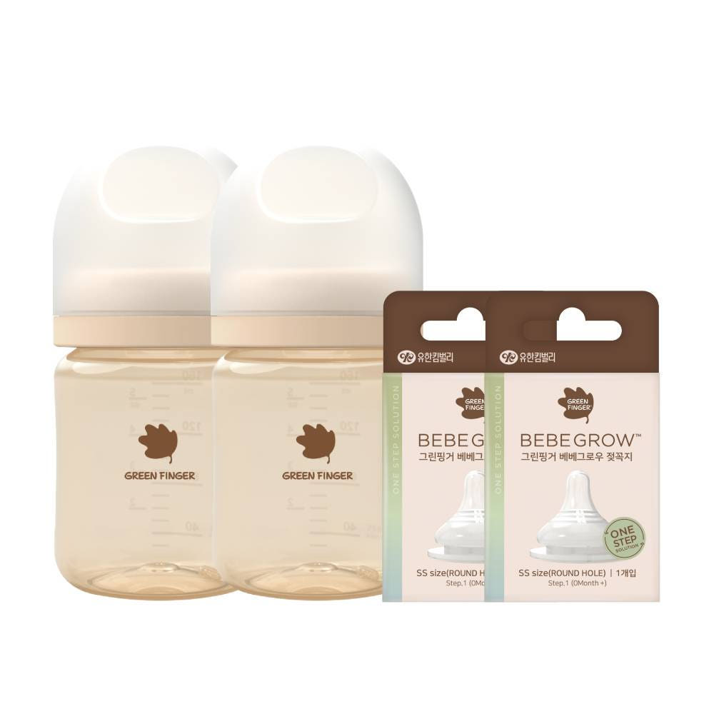 그린핑거 베베그로우 PPSU 젖병 트윈팩 크림&베이지 160ml (노꼭지)+젖꼭지 2개 세트 : 그린핑거